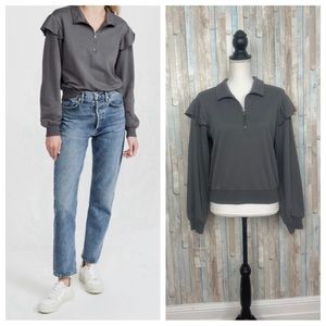 New Z Supply S Gray Nora Half Zip Ruffle Shoulder Pullover Top Sweatshirt NWT
